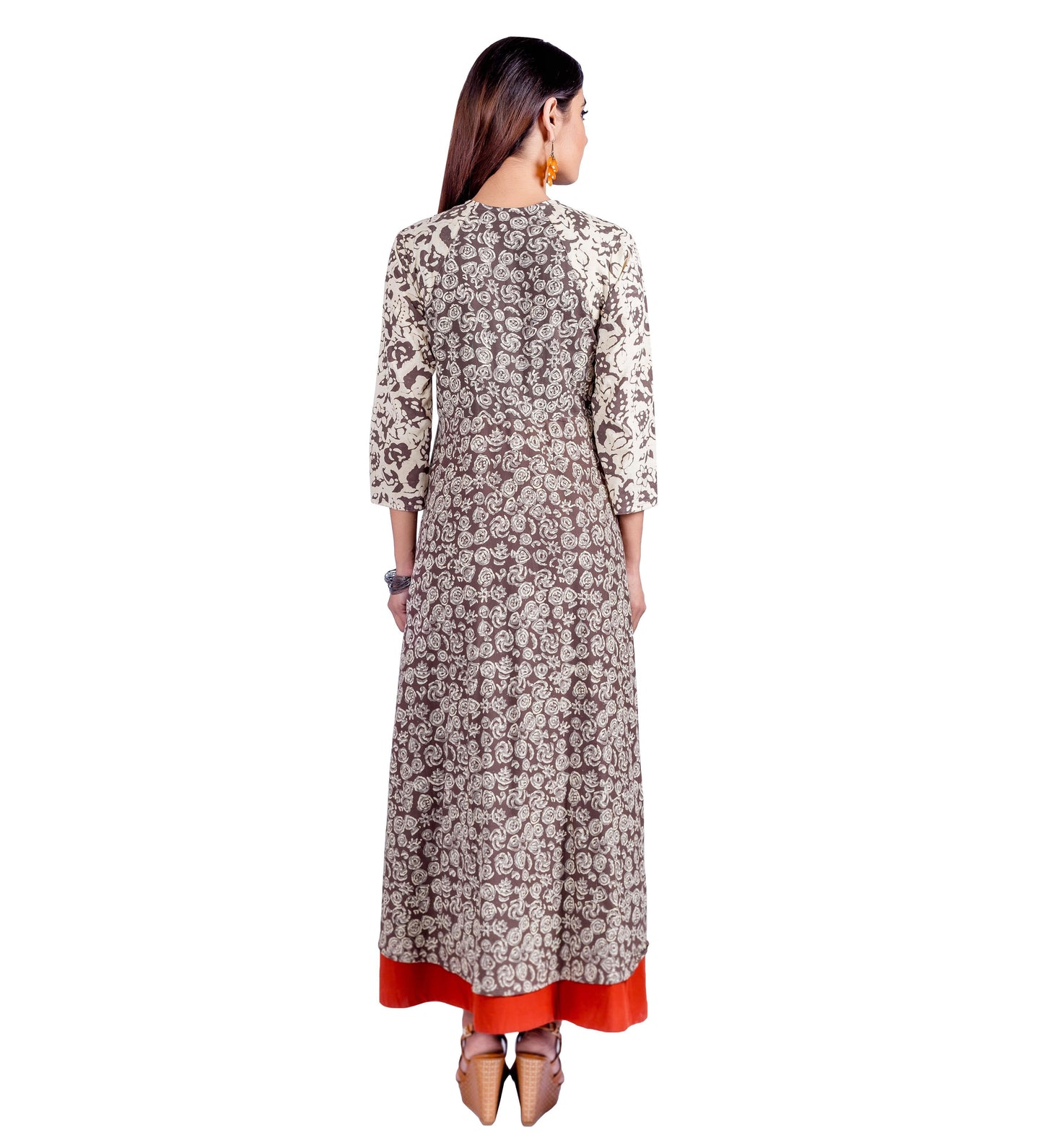 Beige  Hand Block Printed  Dress with Rust Border