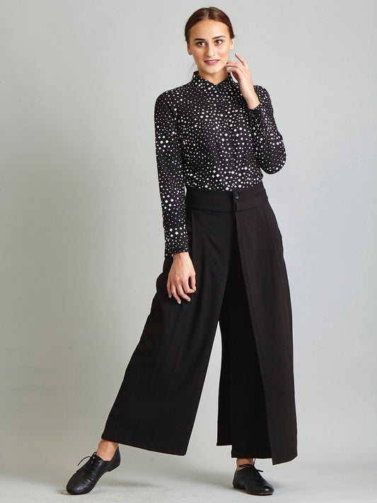 Pleated Wide Leg Asymmetric Back Overlay Trouser - Black