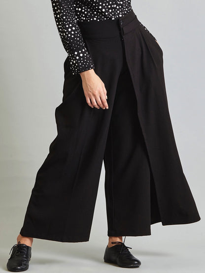 Pleated Wide Leg Asymmetric Back Overlay Trouser - Black
