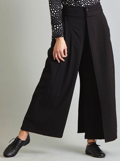 Pleated Wide Leg Asymmetric Back Overlay Trouser - Black
