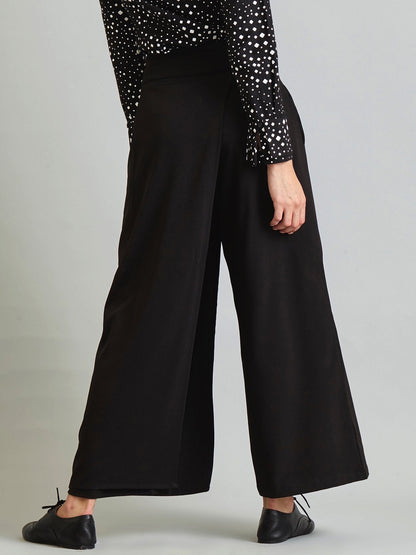 Pleated Wide Leg Asymmetric Back Overlay Trouser - Black