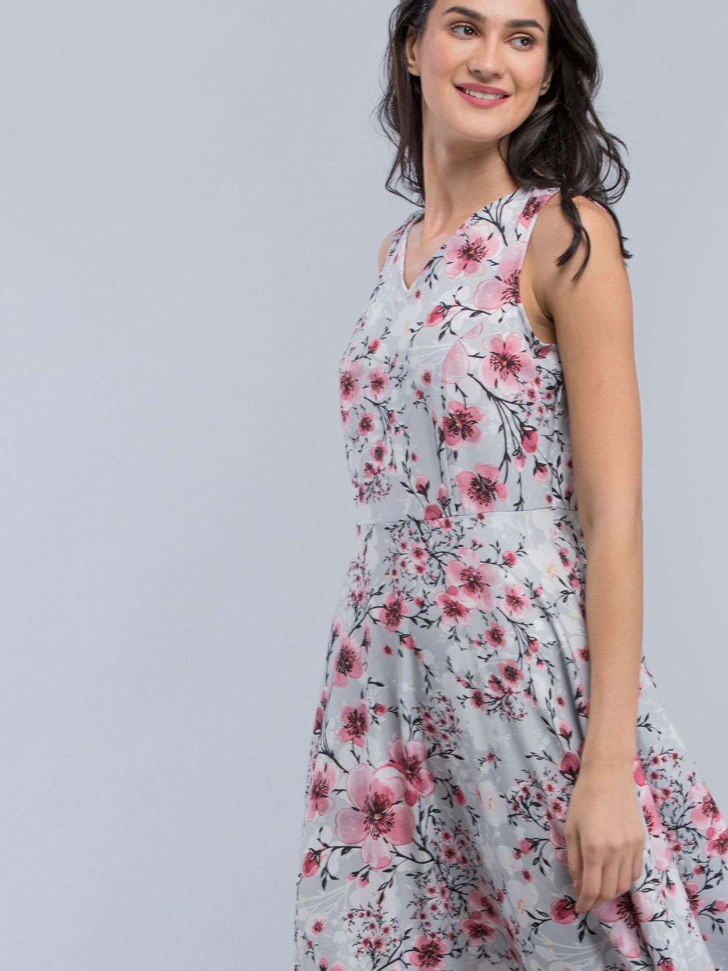 V Neck Floral A Line Dress - Grey