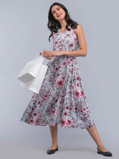 V Neck Floral A Line Dress - Grey