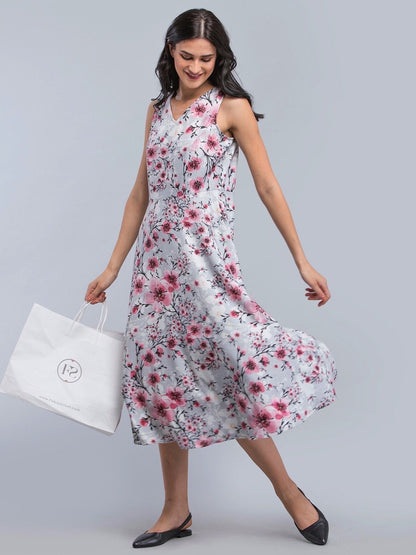 V Neck Floral A Line Dress - Grey