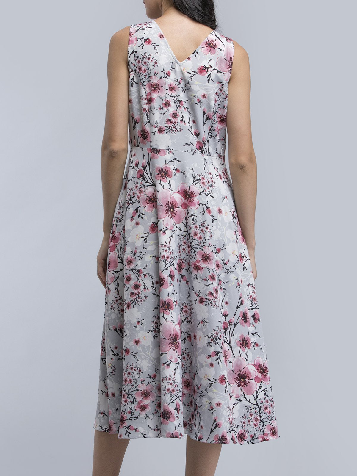 V Neck Floral A Line Dress - Grey