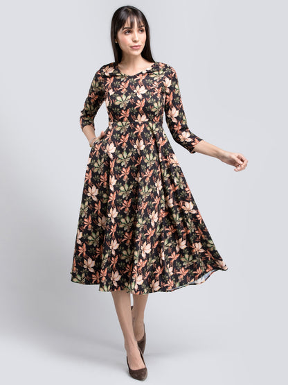 V Neck Floral Fit And Flare Dress - Multicolour
