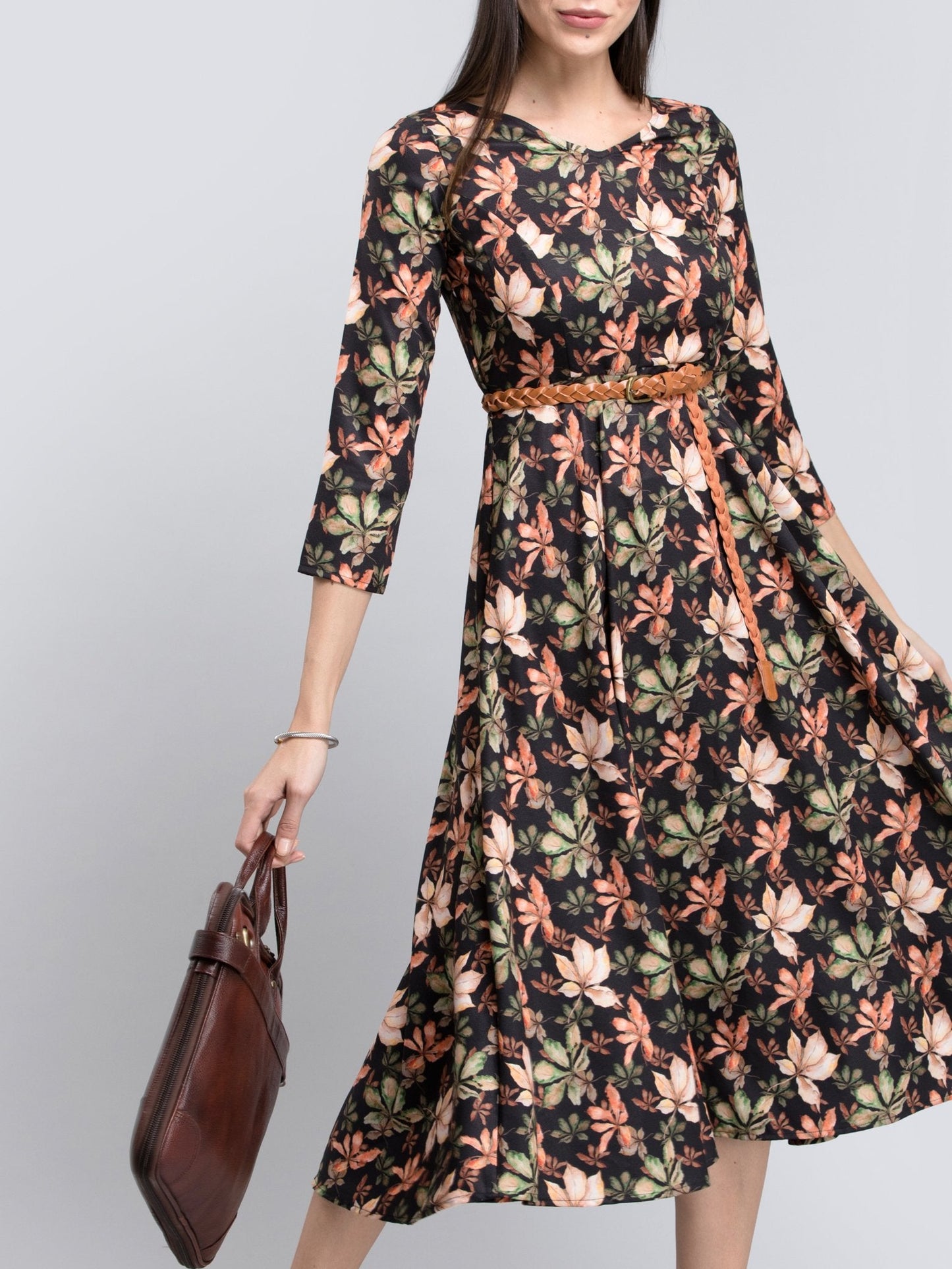 V Neck Floral Fit And Flare Dress - Multicolour