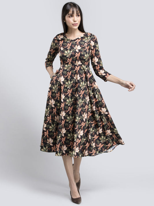 V Neck Floral Fit And Flare Dress - Multicolour