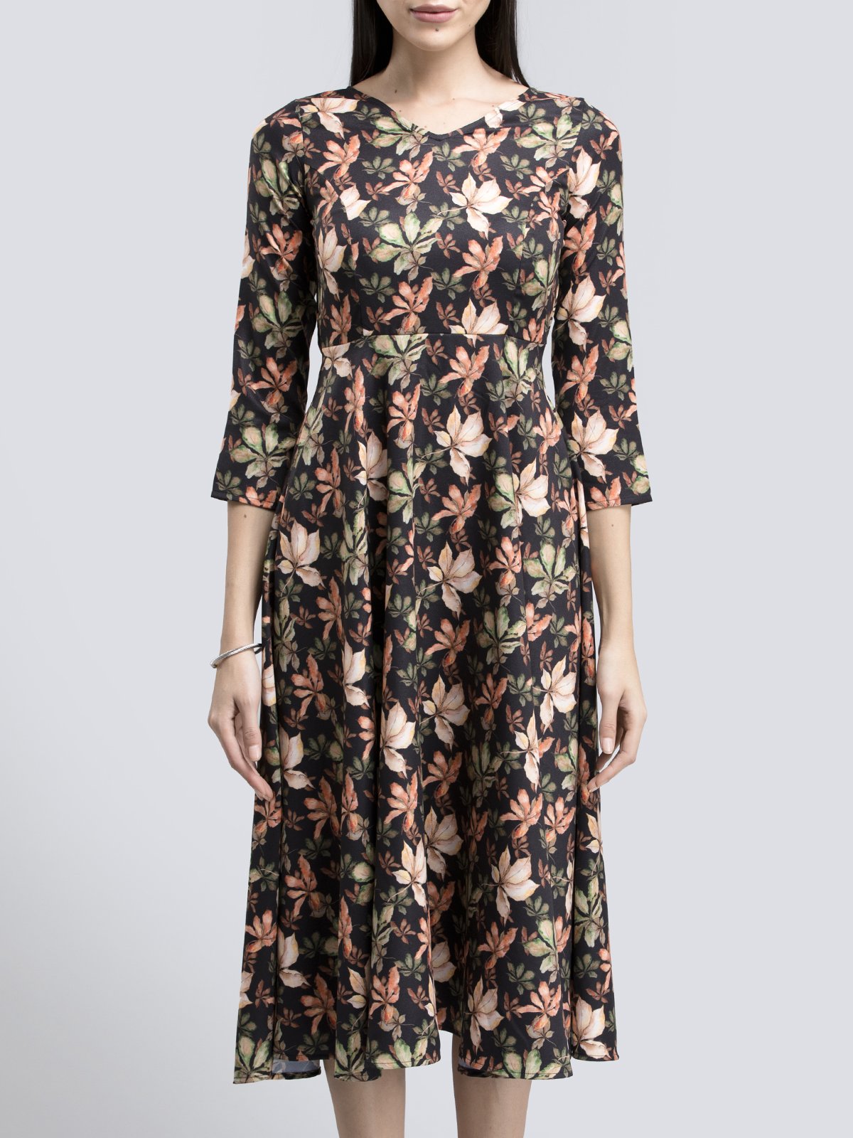 V Neck Floral Fit And Flare Dress - Multicolour