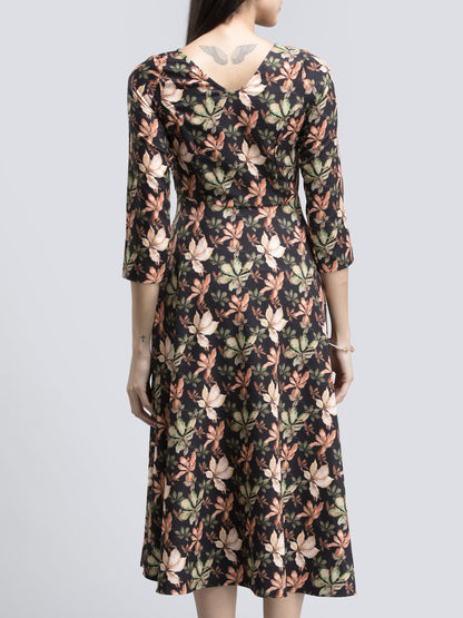 V Neck Floral Fit And Flare Dress - Multicolour