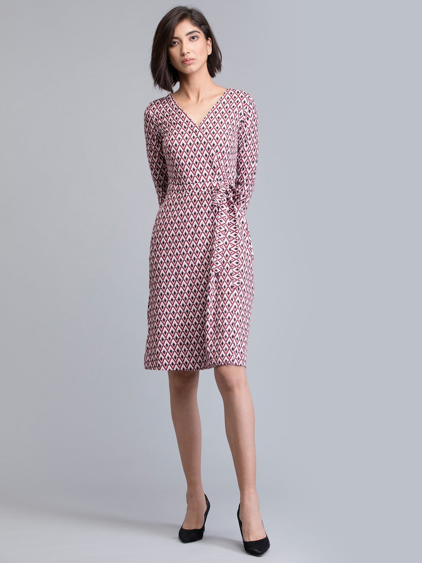 V Neck Geometric Print Wrap Dress - Red