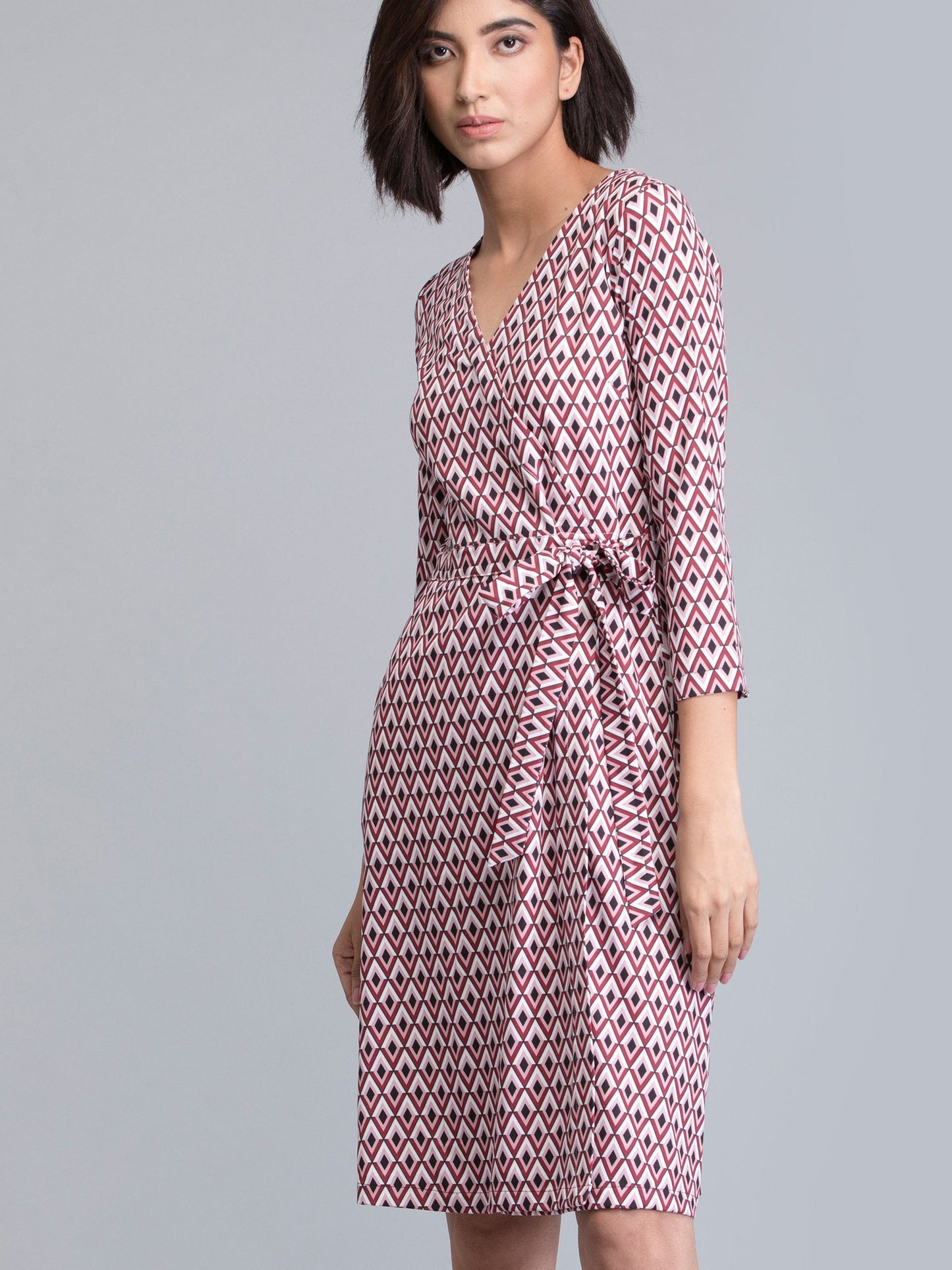V Neck Geometric Print Wrap Dress - Red