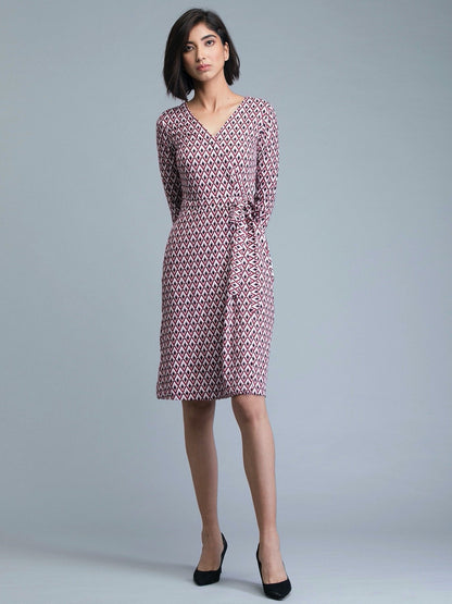 V Neck Geometric Print Wrap Dress - Red