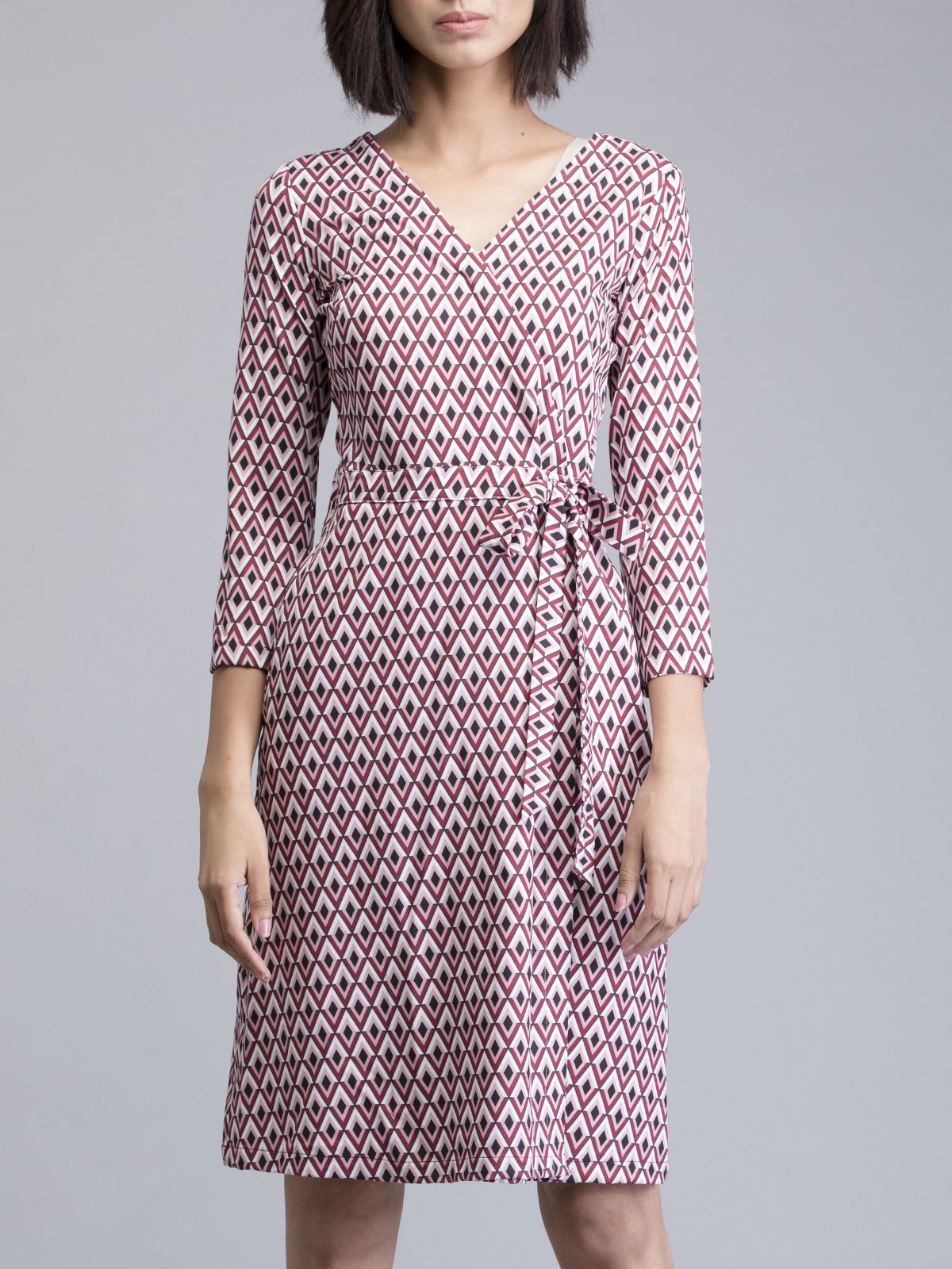 V Neck Geometric Print Wrap Dress - Red
