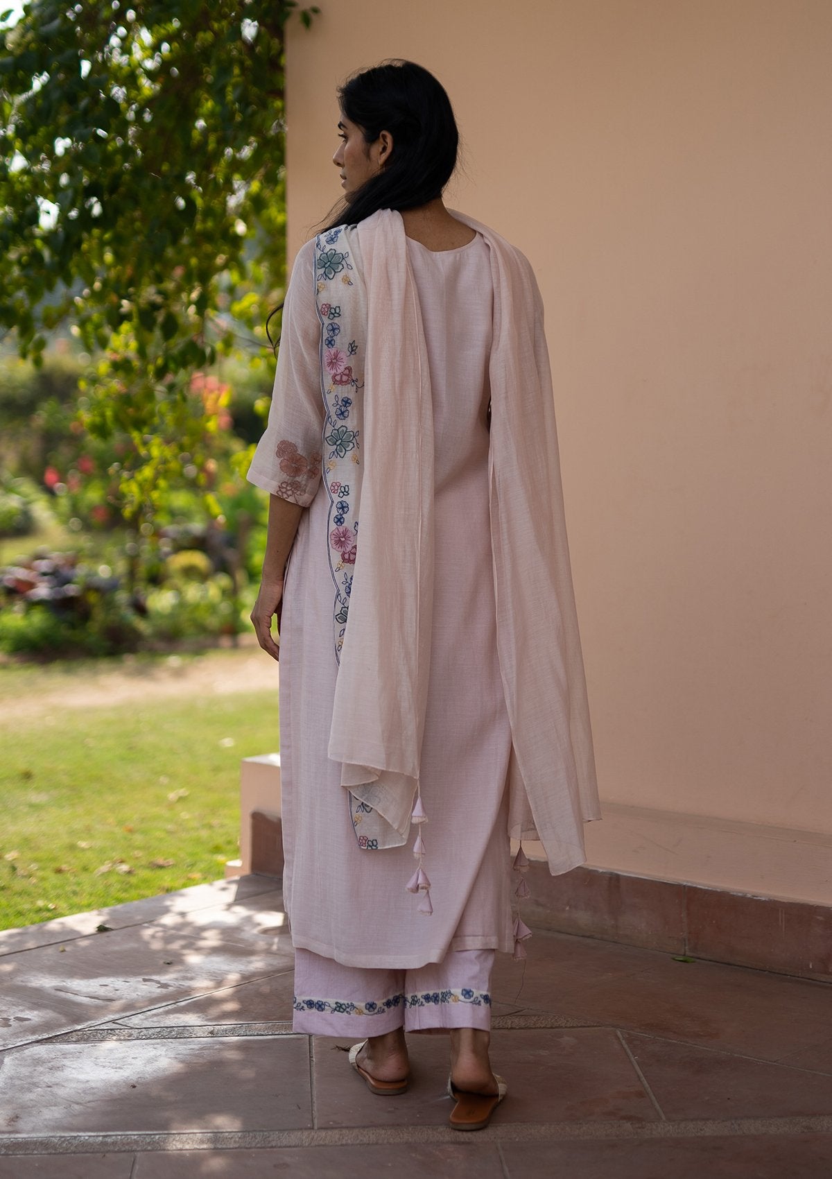 Apricot Floral Embroidered Kurta Set