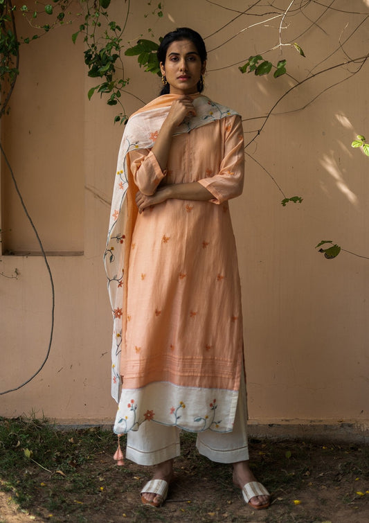 Coral and Pearl Embroidered Kurta Set