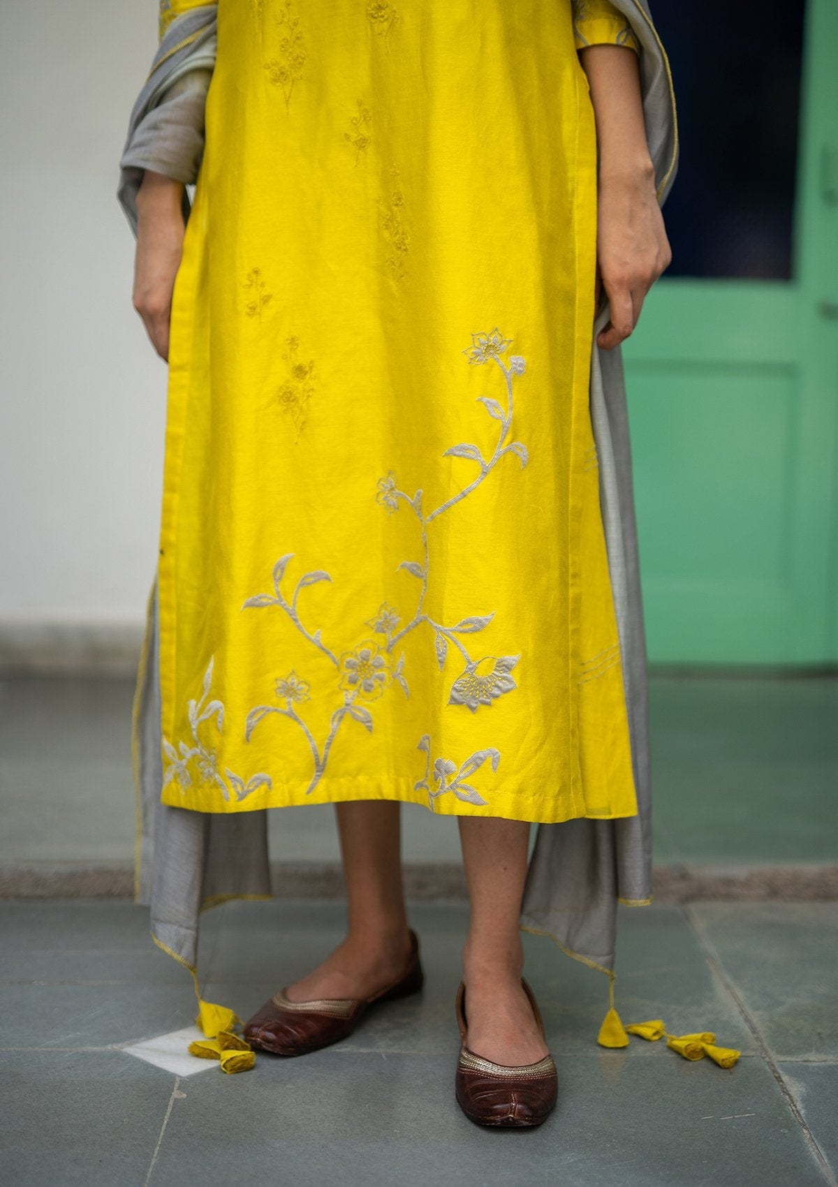 Daffodil and Ash Applique Kurta Set