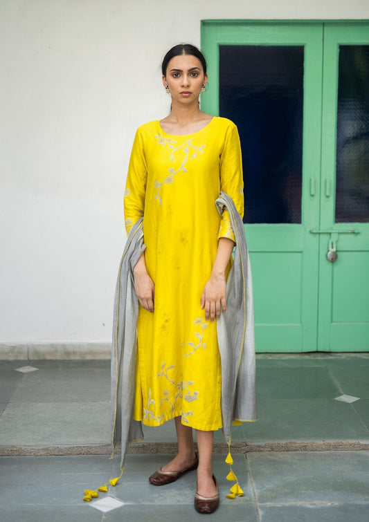Daffodil and Ash Applique Kurta Set