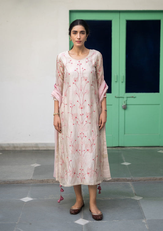 Metallic Tissue Aari Work Kurta Set