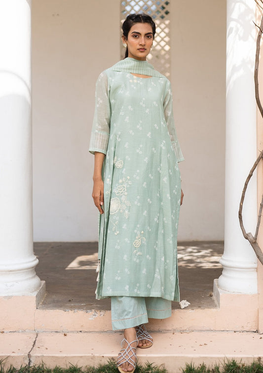 Mint Printed Embroidered Kurta Set