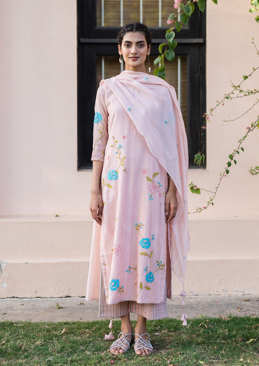 Salmon Striped Applique Kurta Set