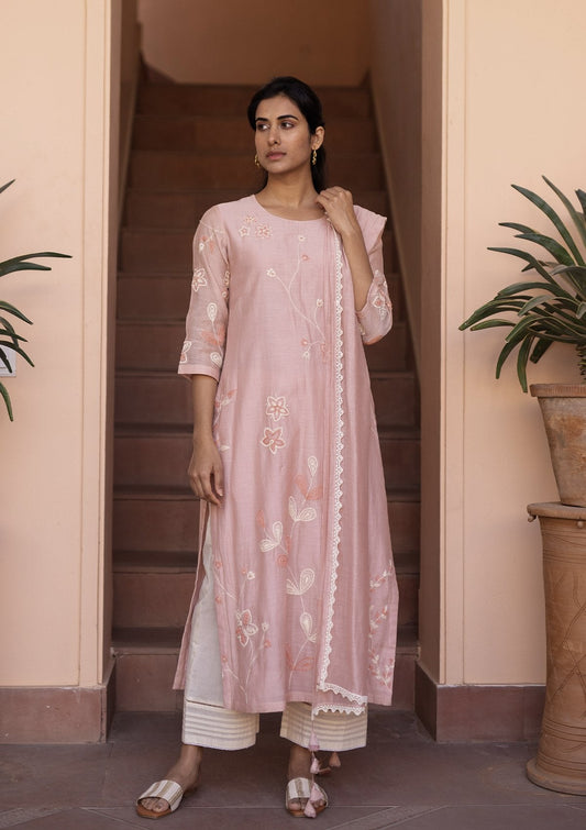 Salmon and Pearl Embroidered Kurta Set
