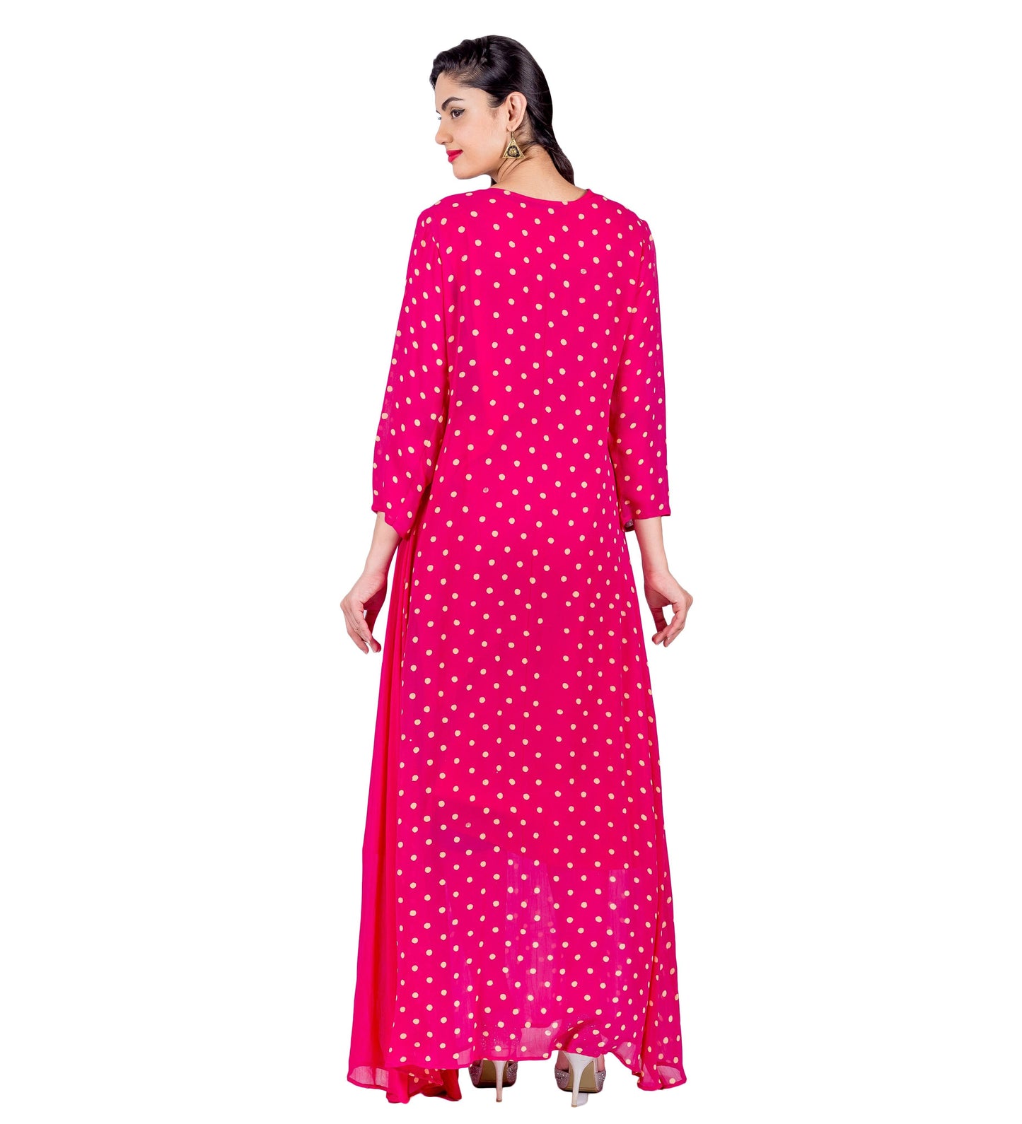 Fuchsia Hand Block Printed Indo Western Dress with Front Side Buttons