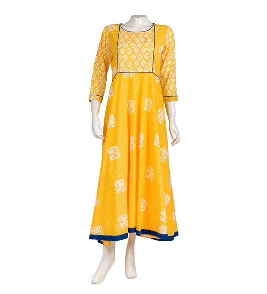 Yellow Hand Block Print Indo Western Dress