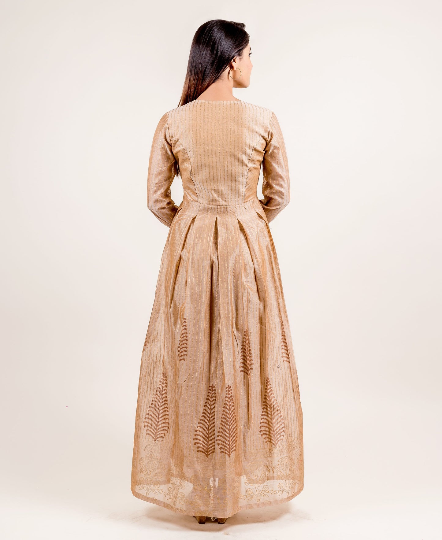 Breathtakingly Stunning Gold Printed Full Sleeved Long Dress