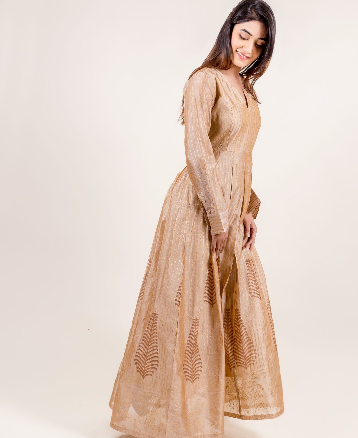 Breathtakingly Stunning Gold Printed Full Sleeved Long Dress