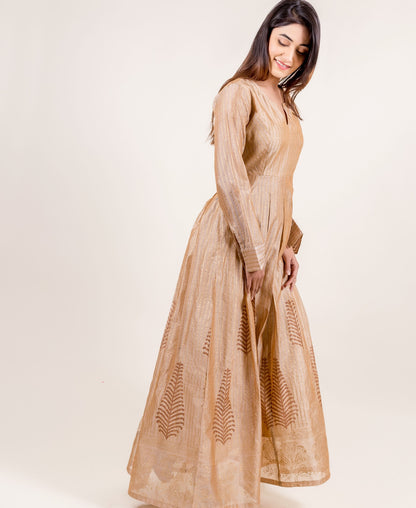 Breathtakingly Stunning Gold Printed Full Sleeved Long Dress