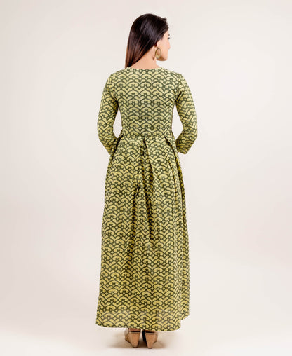 Ravishing Box Pleated Long Anarkali Gown Dress In Lime And Sage