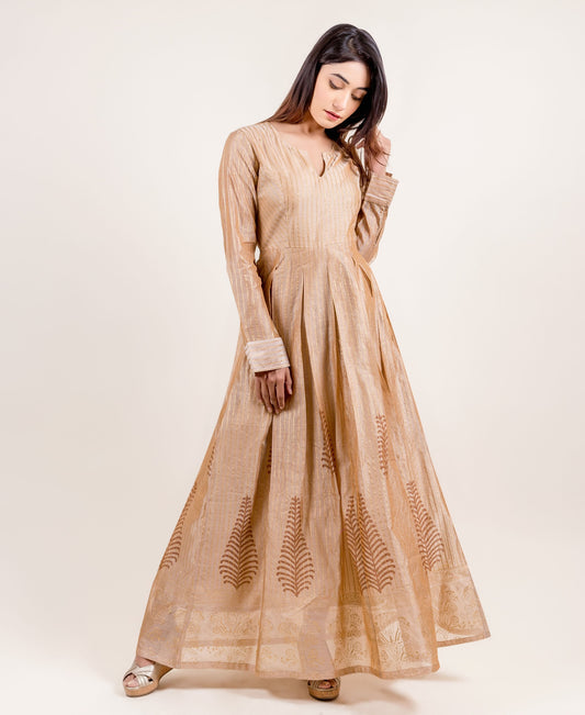 Breathtakingly Stunning Gold Printed Full Sleeved Long Dress