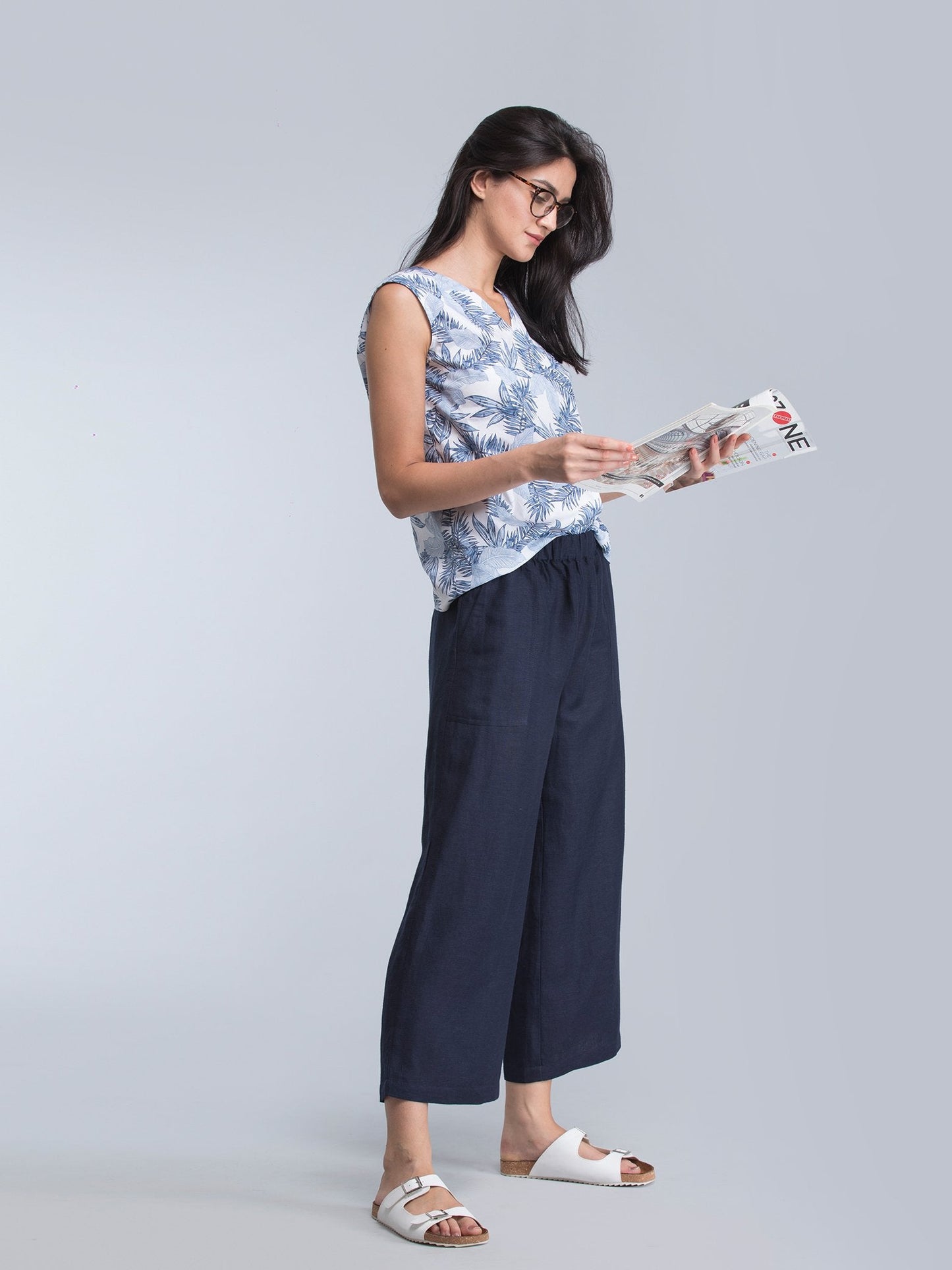 Wide Leg Pants With Elasticated Band - Navy