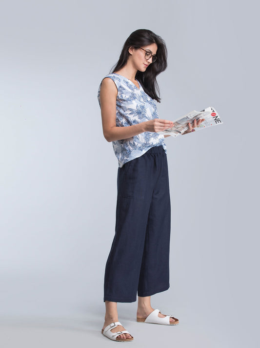Wide Leg Pants With Elasticated Band - Navy