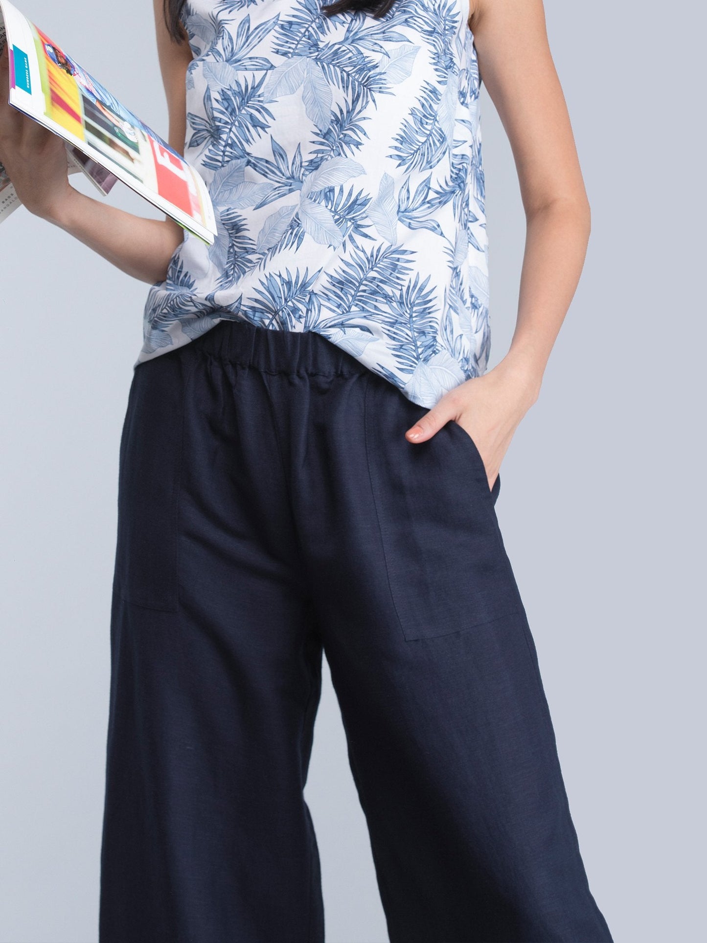 Wide Leg Pants With Elasticated Band - Navy
