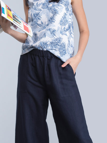 Wide Leg Pants With Elasticated Band - Navy
