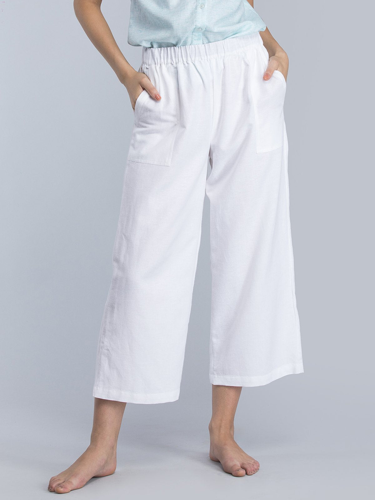 Wide Leg Pants With Elasticated Band - White