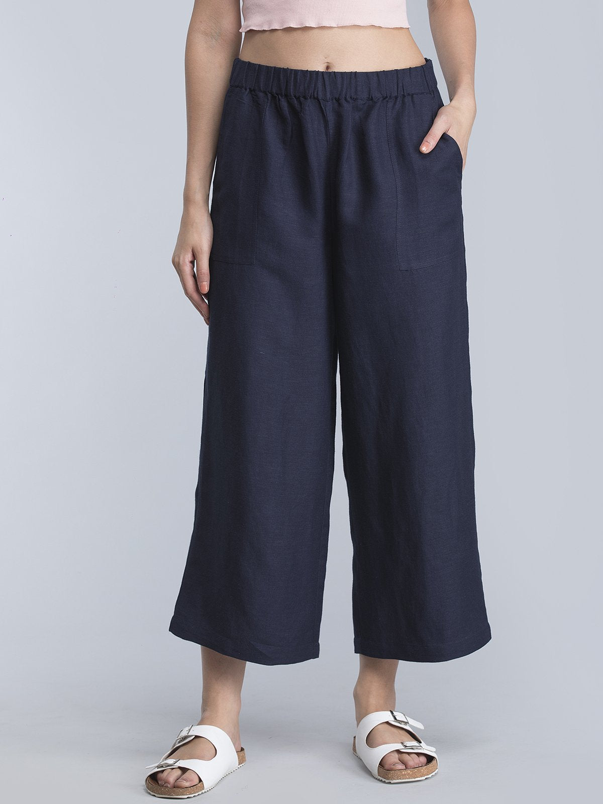 Wide Leg Pants With Elasticated Band - Navy