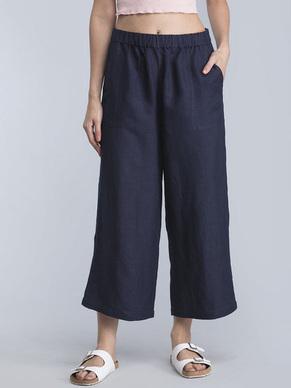 Wide Leg Pants With Elasticated Band - Navy