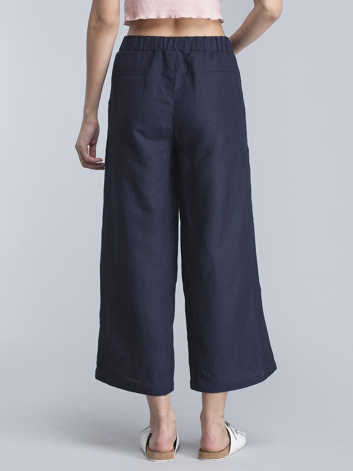 Wide Leg Pants With Elasticated Band - Navy