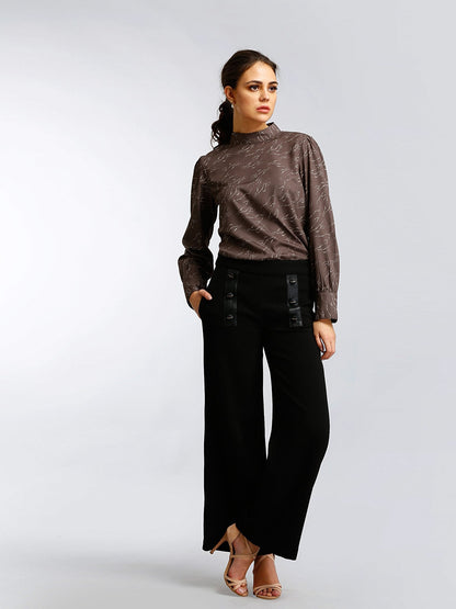 Wide Leg Pants With Faux Leather Details - Black