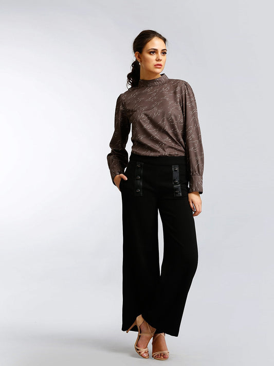 Wide Leg Pants With Faux Leather Details - Black