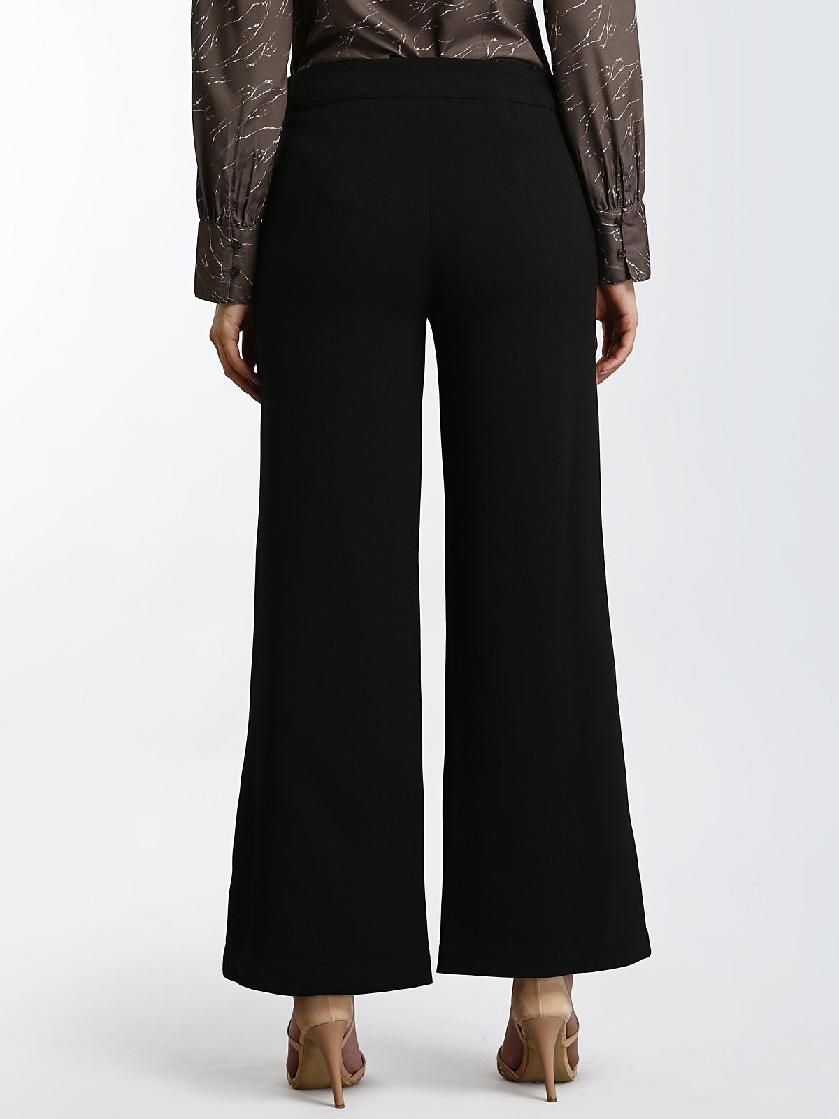 Wide Leg Pants With Faux Leather Details - Black