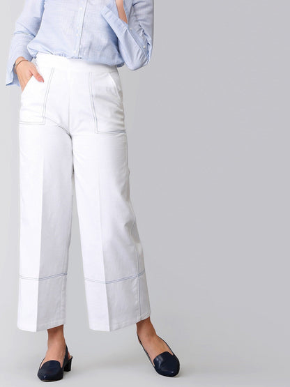 Wide Legged Stitch Detail Linen Trousers - White