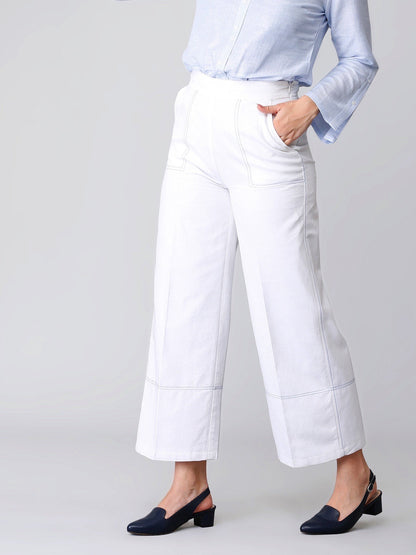 Wide Legged Stitch Detail Linen Trousers - White