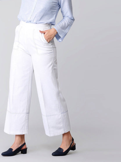Wide Legged Stitch Detail Linen Trousers - White