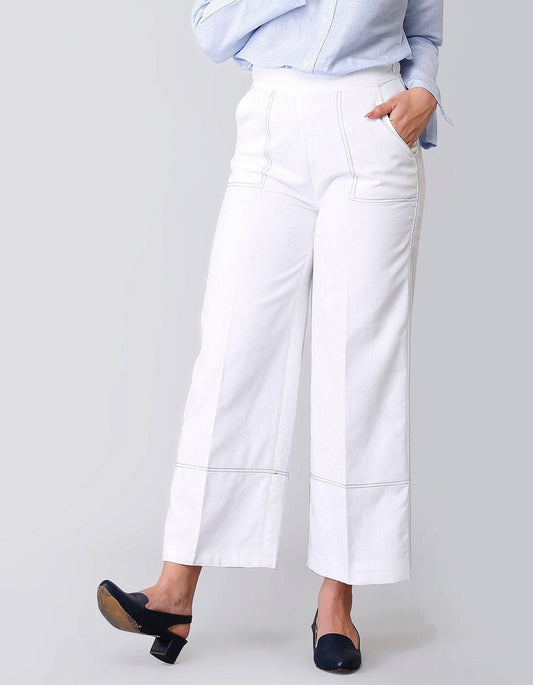 Wide Legged Stitch Detail Linen Trousers - White