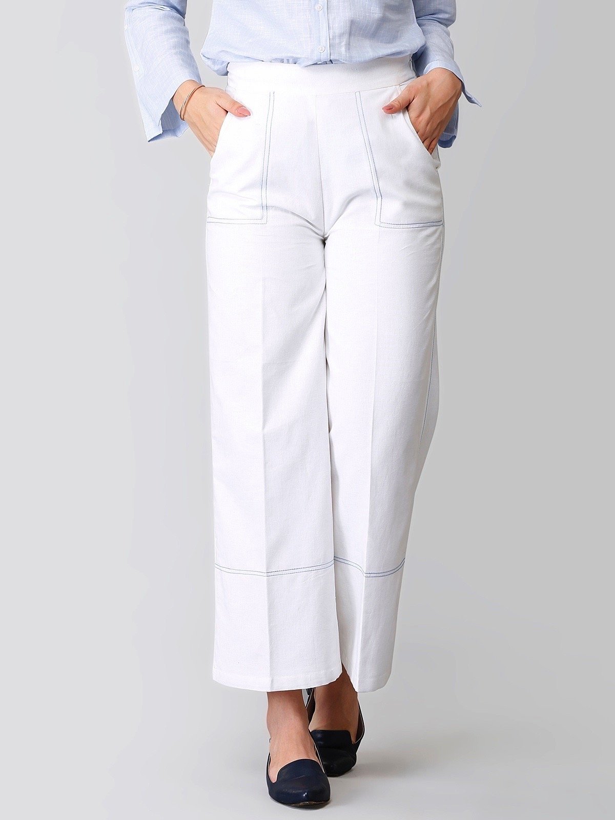 Wide Legged Stitch Detail Linen Trousers - White
