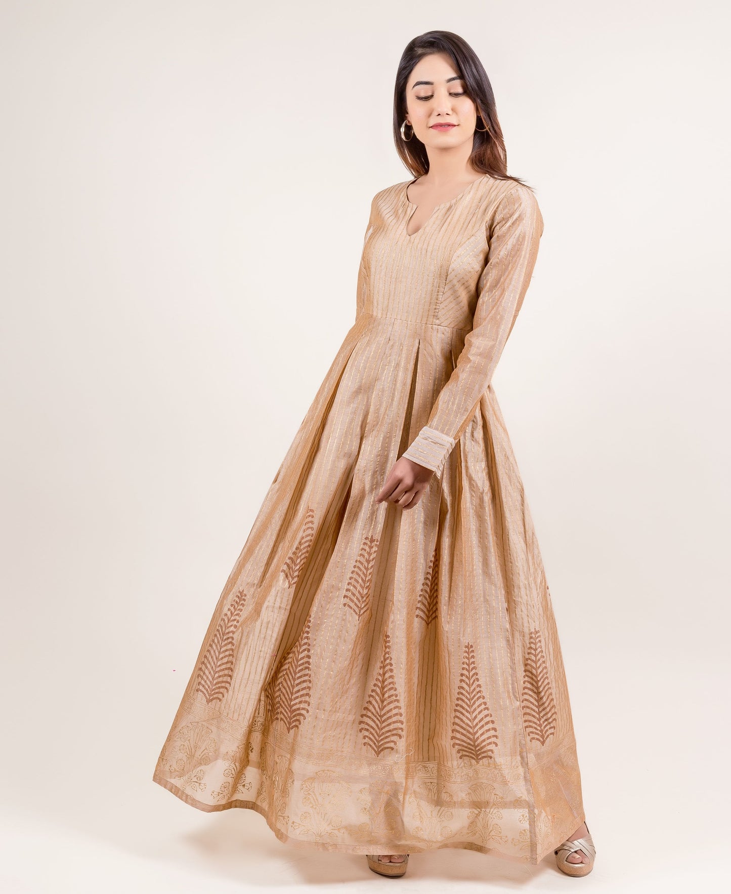 Breathtakingly Stunning Gold Printed Full Sleeved Long Dress